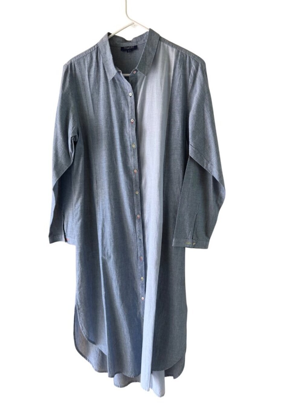 Manan Womens Button-down Chambray Shirtdress Size Large Linen Colorblock Casual
